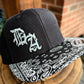 6 panle Snapback hat. Paisley design flat peak. Gothic text logo